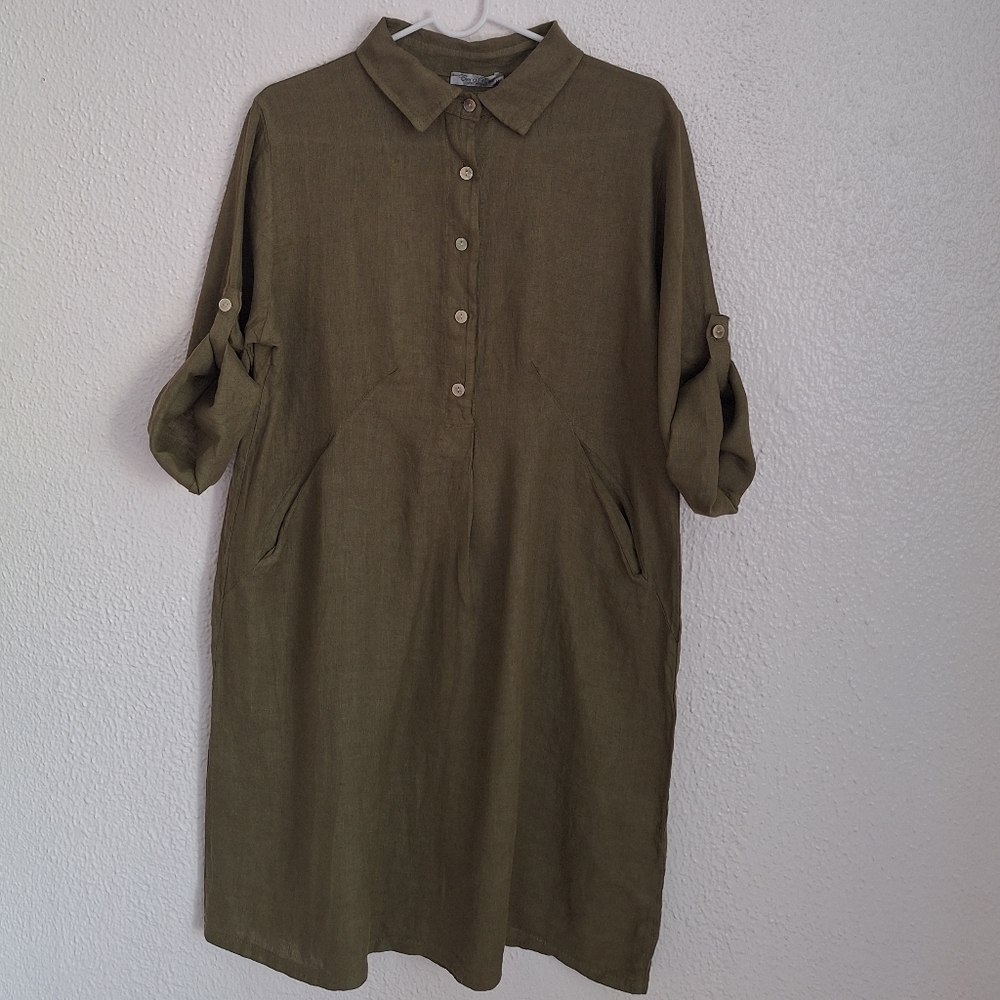 NWT ELENA BALDI LINEN Chic Olive Green Button-Up Midi Dress made Italy